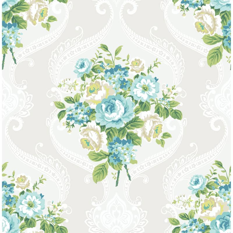 Seabrook Designs Floral Damask Unpasted Wallpaper - 20.5 in. W x 33 ft. L - Light Greige & Aqua