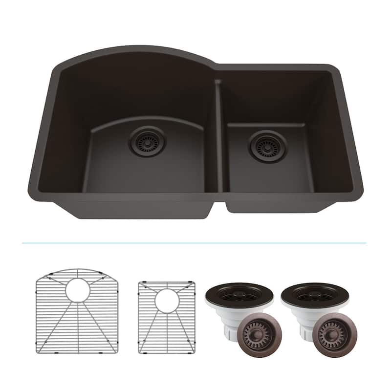 Lexicon Platinum Quartz 32 Inch 70/30 Double Bowl Kitchen Sink with Bottom Grids and Strainers and Disposal Flange - Galaxy Mocha