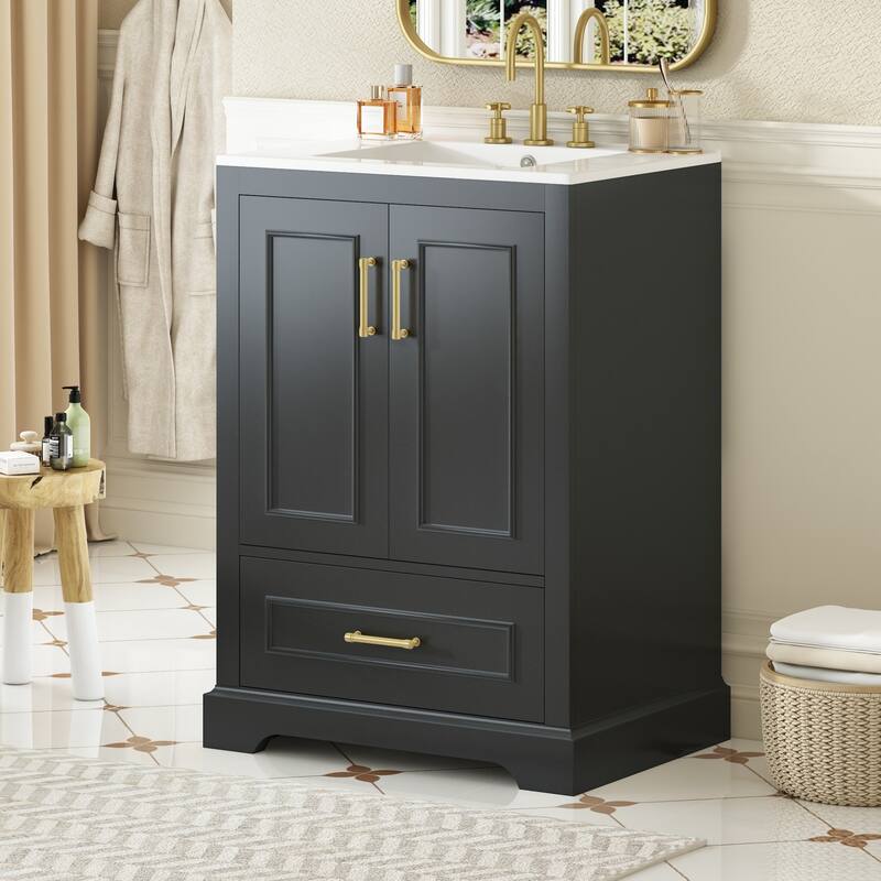Bathroom Vanity with Ceramic Sink, Freestanding Bathroom Cabinet with Double Shelf, 1 Divided Drawer & 2 Soft Close Doors - Black