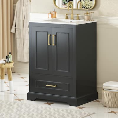 Compact Freestanding Vanity with Integrated Sink - MDF/Solid Wood Construction, Soft-Close Doors & Smart Storage