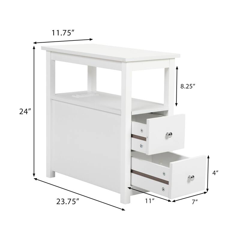 Narrow Wooden Nightstand End Table with Charging Station