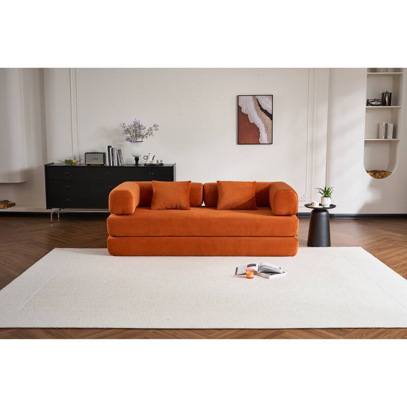 Convertible Sleeper Sofa Bed with Cylindrical Pillow, Corduroy Folding Mattress Couch with Fixed-Shape Frame