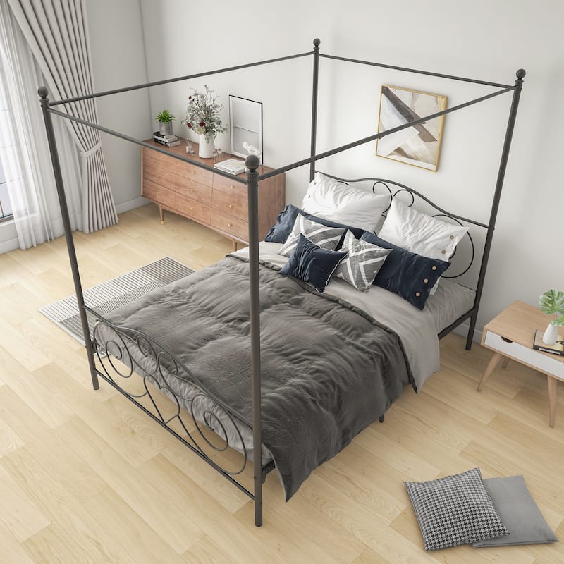 Canopy Metal Bed Frame with Vintage Style Headboard & Footboard ，Easy DIY Assembly All Parts Included