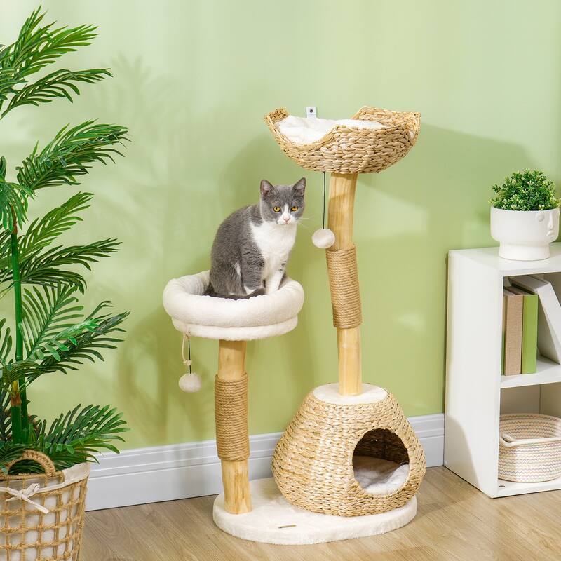 PawHut Cat Tree for Indoor Cats, 41" Wooden Cat Tower with 2 Real Branch Cat Scratching Posts, Luxury Cat Condo, Cream White
