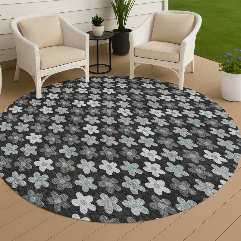 Machine Washable Indoor/ Outdoor Floral Kechi Chantille Rug - Black - 8' x 8'