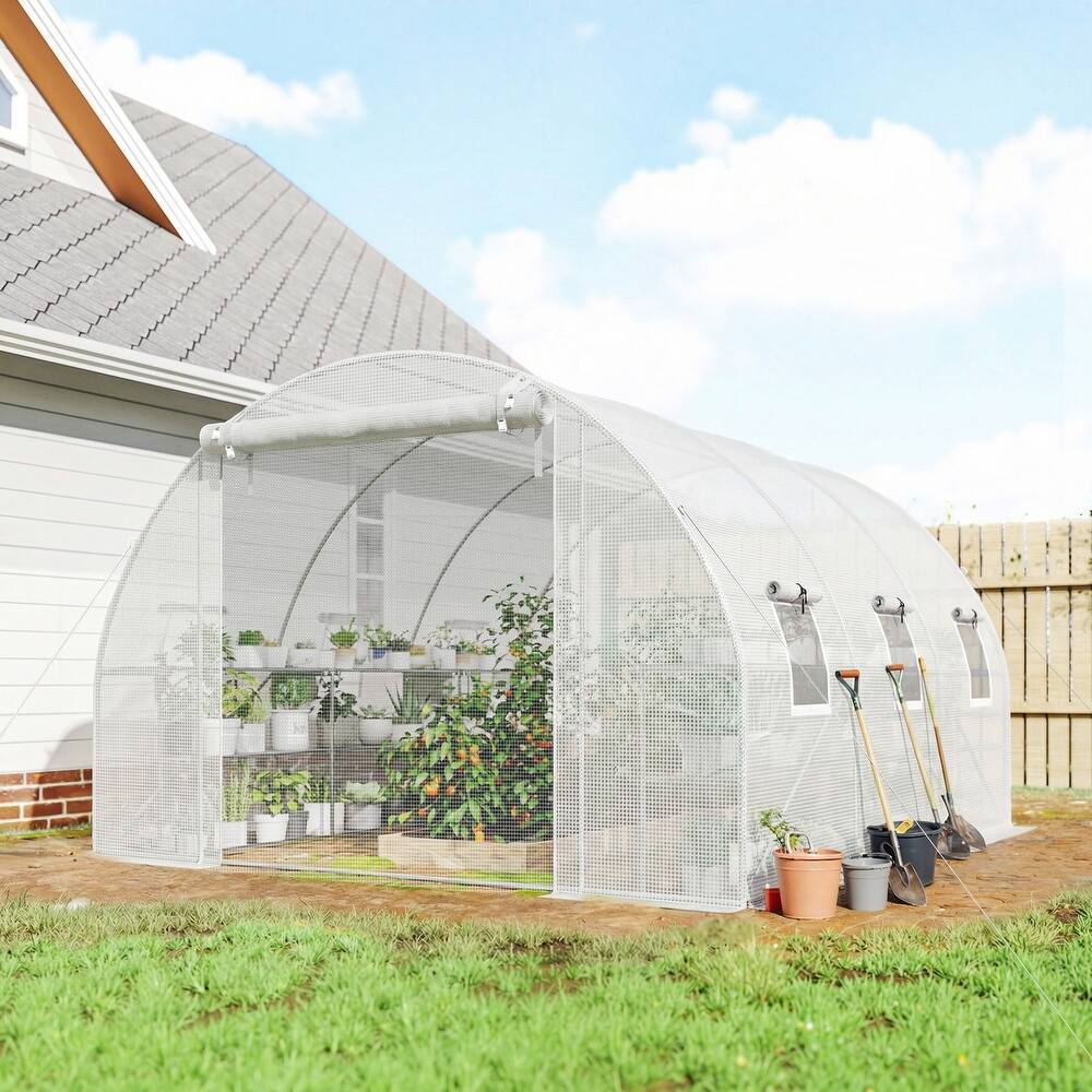 Outsunny 10'x11'x6' Walk-in Tunnel Greenhouse with Shelves, Mesh Door and Windows, Hoop House Greenhouse with PE Cover