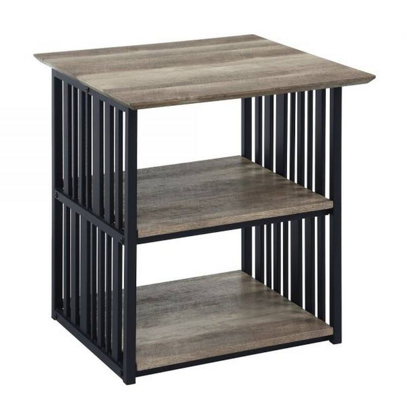 Nori 23 Inch Nightstand, 2 Shelves, Metal Base, MDF, Antique Oak and Black