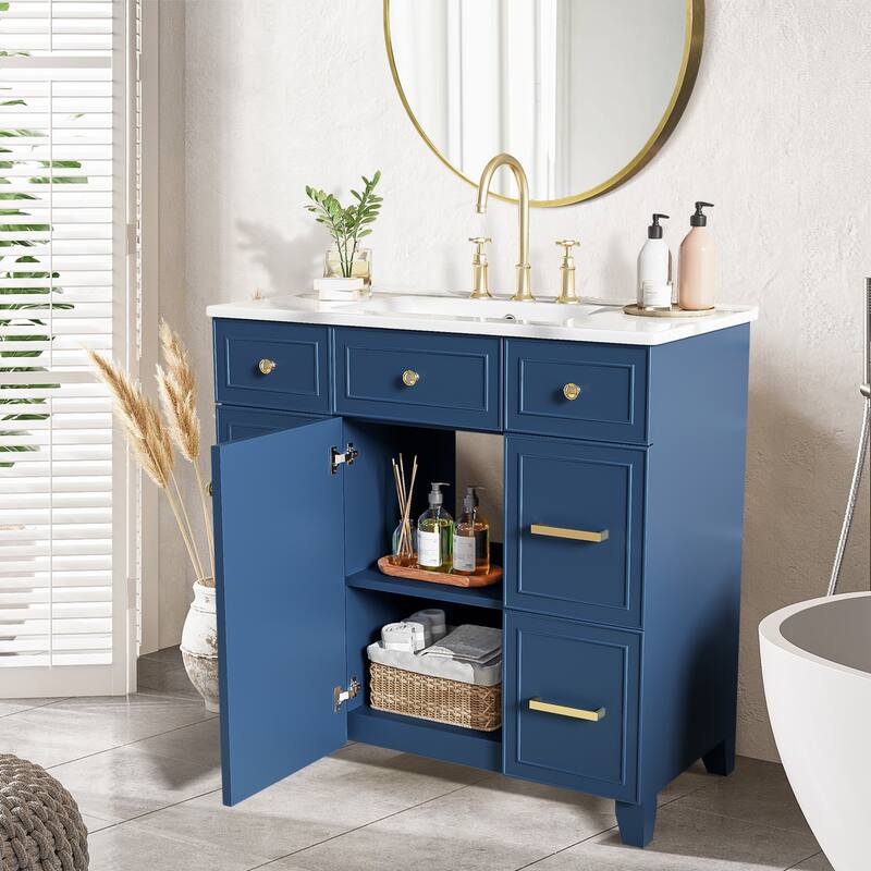36" Bathroom Vanity with Ceramic Sink,Solid Wood Frame