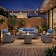 preview thumbnail 129 of 189, Pocassy Outdoor Wicker Sofa with Swivel Chair Fire Pit Table Furniture Set. Brown Wicker & Blue Cushion - 4 Pieces Sofa Swivel Chair with Fire Table