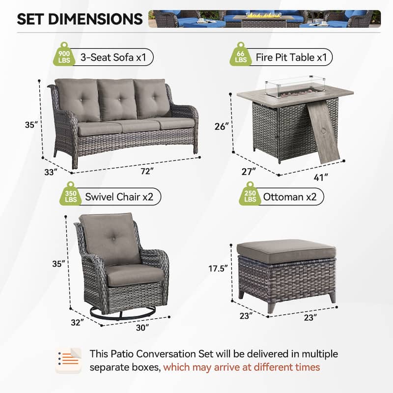 Gymojoy 6-Piece Outdoor Furniture Sofa Set with 2 Swivel Chairs, 2 Ottomans & 55K BTU Fire Pit Table