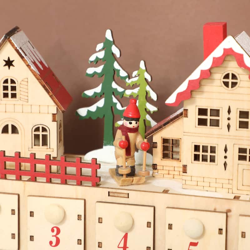 HOMCOM Christmas Advent Calendar with 24 Drawers, Reusable Lighted Wood-Effect Countdown , Battery Operated, Natural Tone