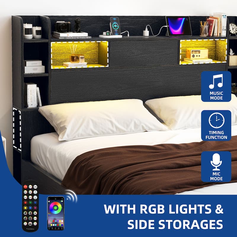 Moasis LED Bed Frame with Bookcase Headboard, 4 Storage Drawers and Type-C USB Charging Station