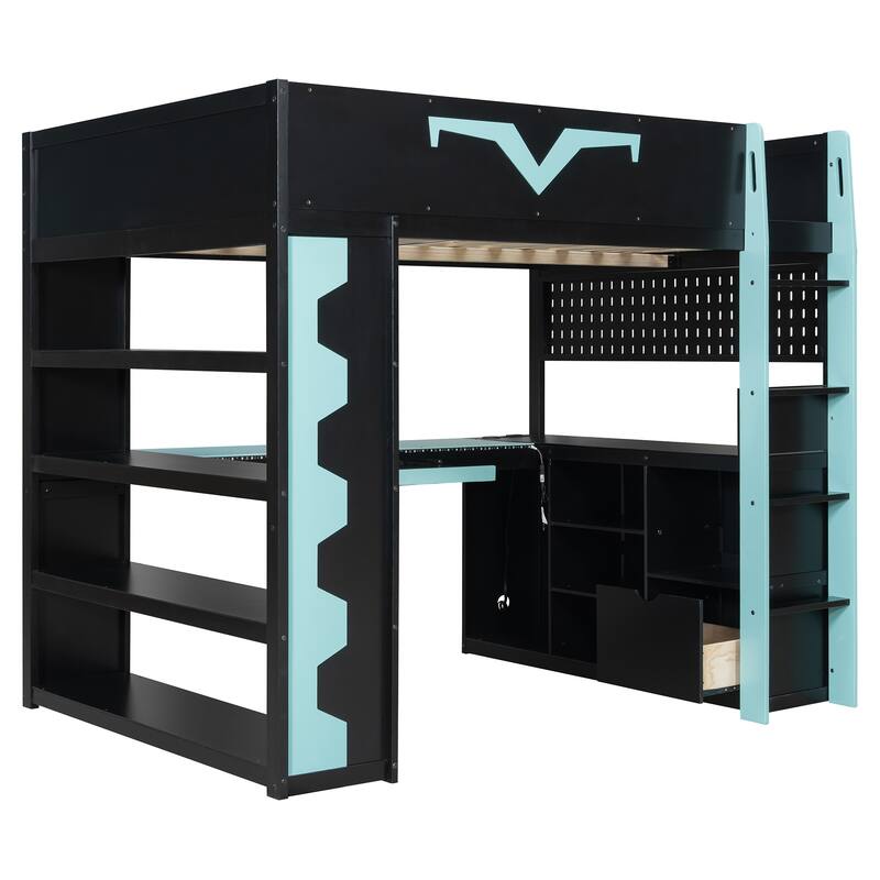 Full Size Gaming Loft Bed with Desk & RGB LED Lights, Pro-Gamer Setup with Pegboard, Keyboard Tray & Storage