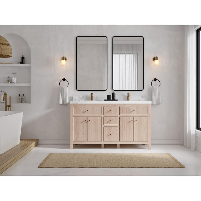 Willow Collections 60 x 22 Sonoma White Oak Wood Double Sink Bathroom Vanity with Quartz or Marble Countertop