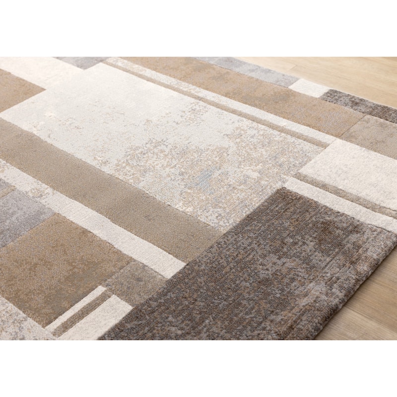 Beige Grey Geometric Overlapping Blocks High-Traffic Plush Rug