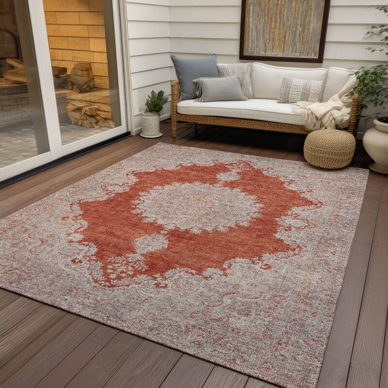 Machine Washable Indoor/ Outdoor Vintage Traditional Chantille Rug - Rust - 5' x 7'6"