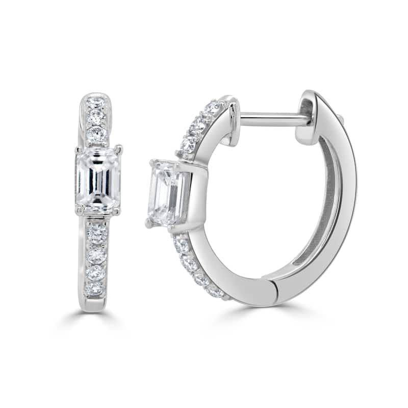 Joelle Collection Diamond & Emerald Cut Huggie Earrings 14K Gold - White