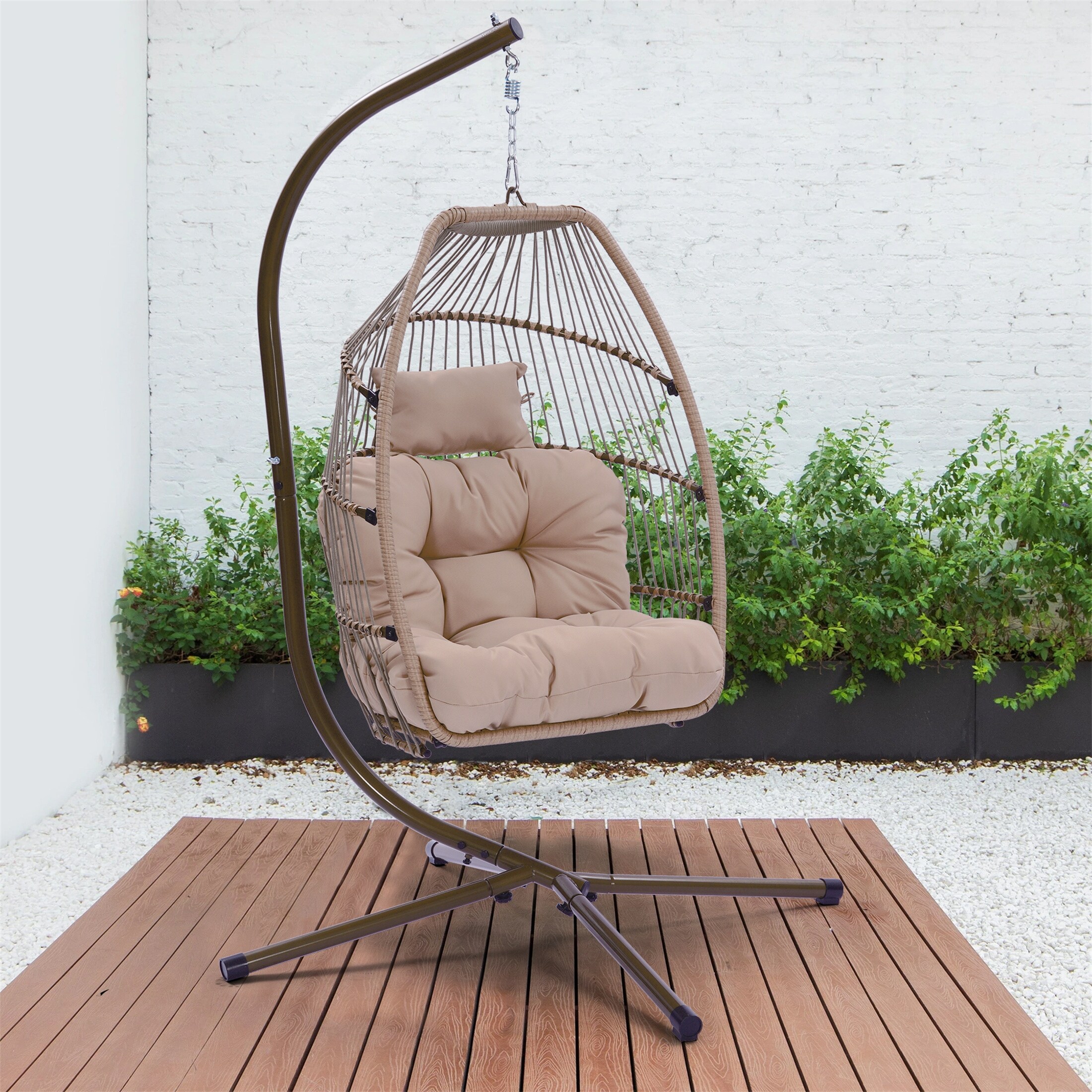 Wicker Hanging Chair Rattan Swing Hammock Egg Chair Cushion \u0026 Pillow - Brown