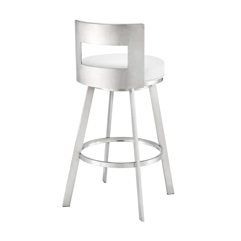 Ami 30 Inch Swivel Barstool Chair, White Faux Leather, Stainless Steel