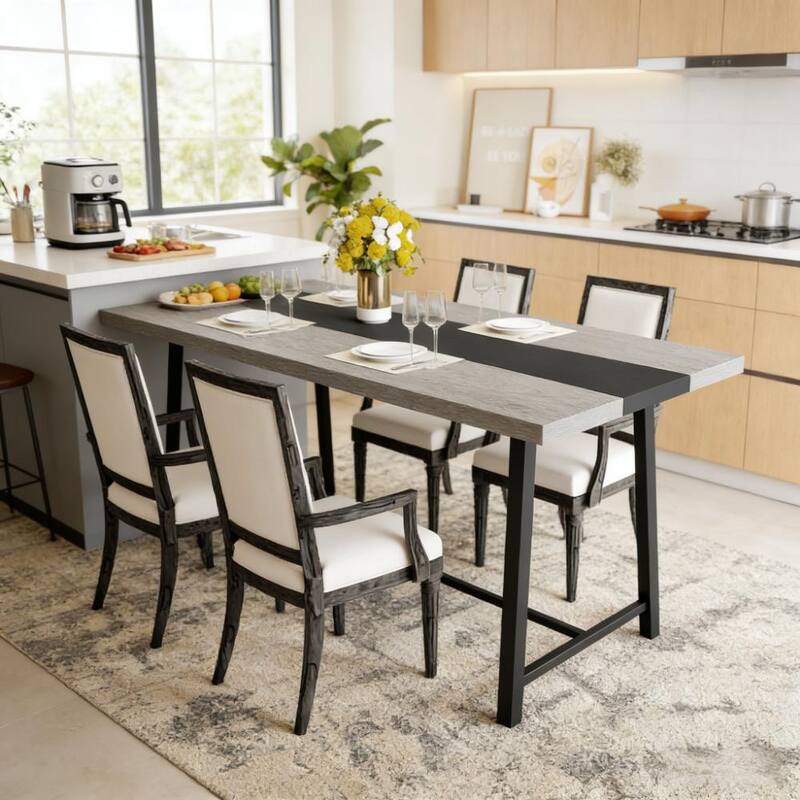 Dining Table with Wood Grain Top & Black Steel Legs, Scratch-Resistant Kitchen Table Work Table