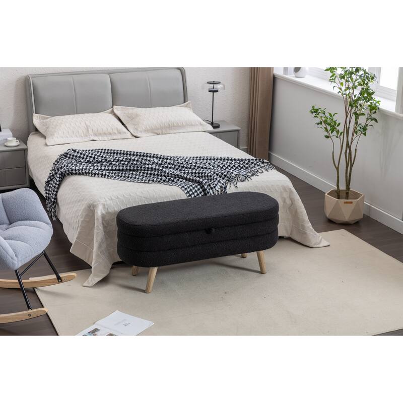 Bedroom Storage Bench, Velvet Oval Upholstered End of Bed Bench with Wood Legs, Modern Storage Ottoman Bench for Entryway