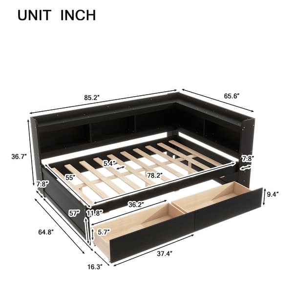 dimension image slide 0 of 3, Full Bed Platform Bed with L-shaped Bookcases, Drawers