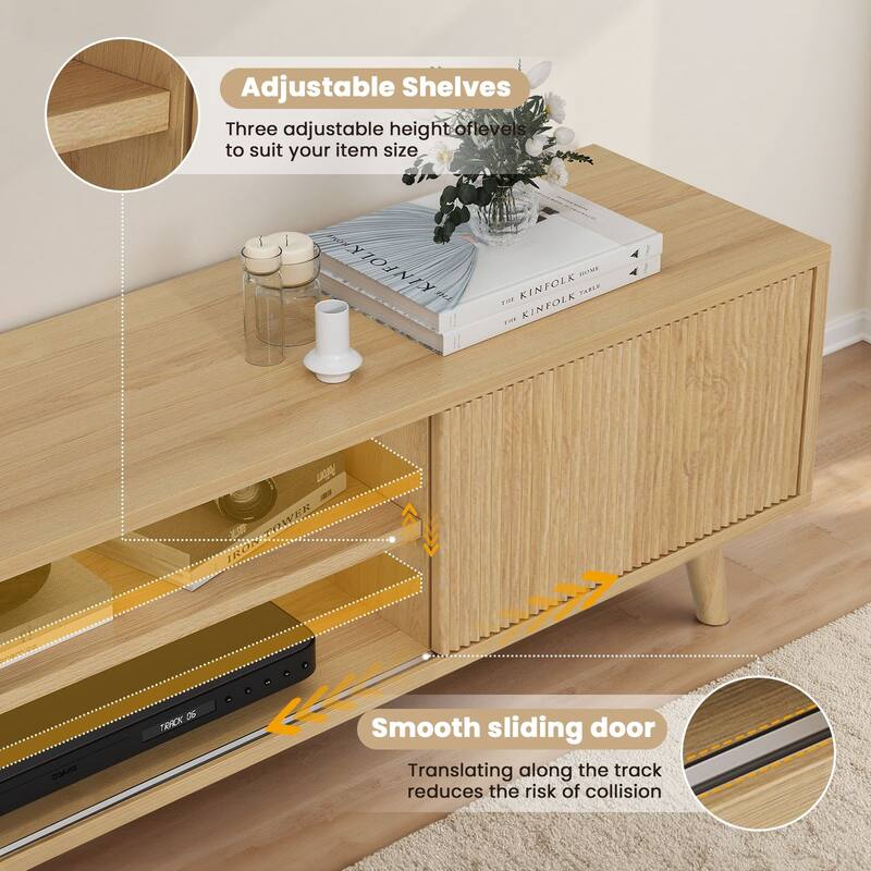 Meyreso 63" Modern Wood TV Stand with Sliding Doors, LED Lighting, and Adjustable Shelf - 64 inches in width