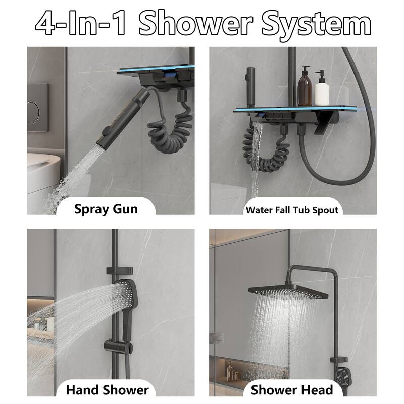 4-In-1 Rainfall Shower System with LED Temperature Display, Gunmetal Gray Shower Faucet Set with Handheld Shower, Spray Gun