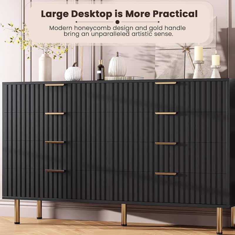 8 Drawer TV Stand Dresser, White Modern Storage Cabinet with Wide Top and Deep Drawers for Living Room, Bedroom, Hallway