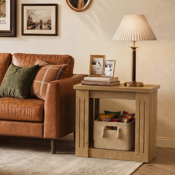 2-Tier Side Table, Farmhouse End Table with Storage - Natural Brown - 2pcs
