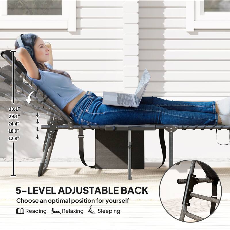 Outsunny Folding Chaise Lounge Chair Outdoor Tanning Chair with Side Table, 5-Level Adjustable Beach Lounge Chair with Headrest