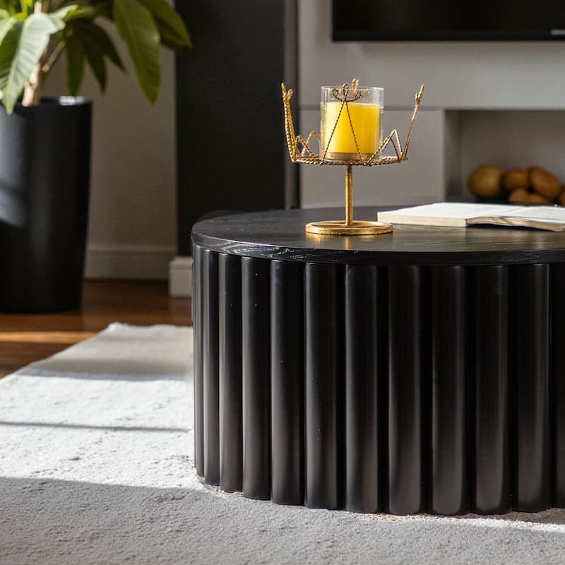 27.6'' Round Wooden Lift-Top Coffee Table with Hidden Storage, Handcrafted Relief Pedestal Tea Table for Living Room