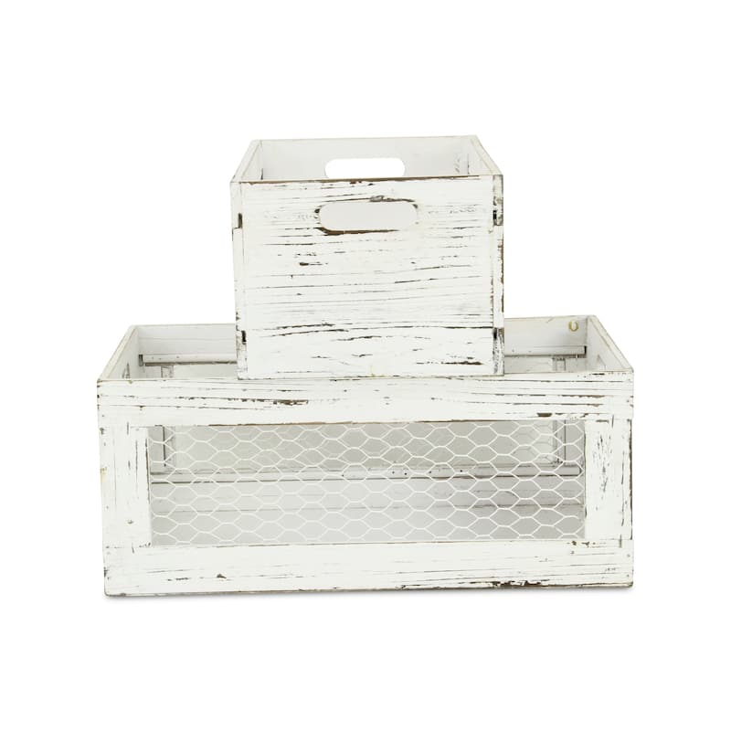 White Wooden Farm Style Wire Sided Crates (Set of 2) - L: 16.5" x W: 10.25" x H: 7.25"