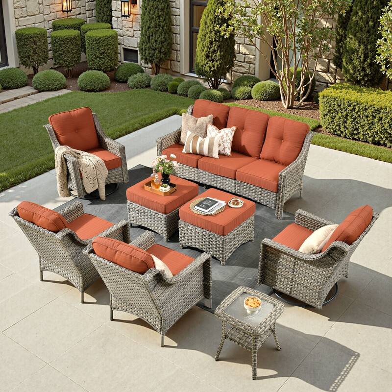 XIZZI 8-piece Patio Furniture Set Wicker Outdoor Swivel Chairs - Red/Orange