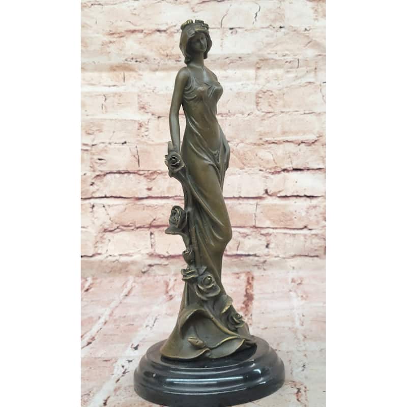 Bronze Lady With Roses Figurine – Art Nouveau Style Sculpture On Marble Base By Kin
