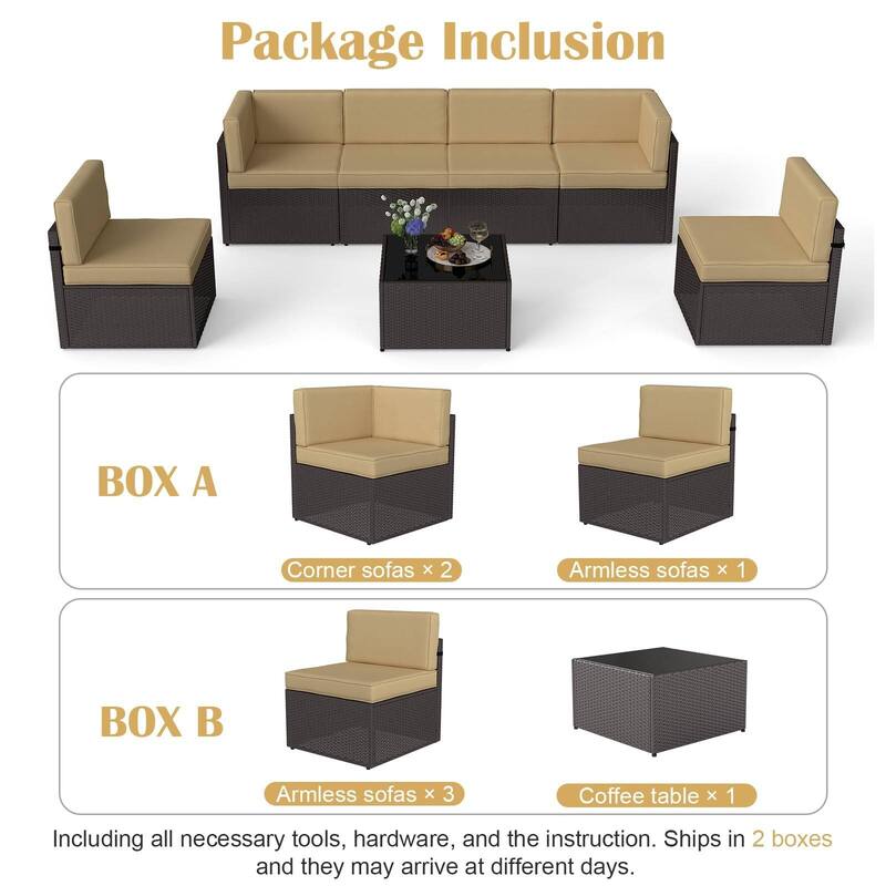 7PC Outdoor Patio Furniture Set, Wicker Patio Sectional Furniture Set with Coffee Table & Cushion for Garden, Backyard, Poolside