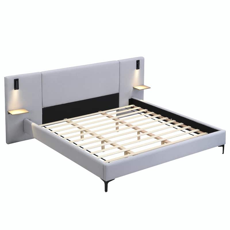 Chic Bouclé Upholstered Bed with Integrated Lighting and Shelves