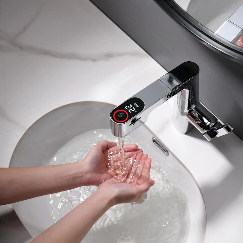Modland 4-Way LED Pull Out Bathroom 7''-13''H Liftable Faucet Single Hole in White/ Chrome