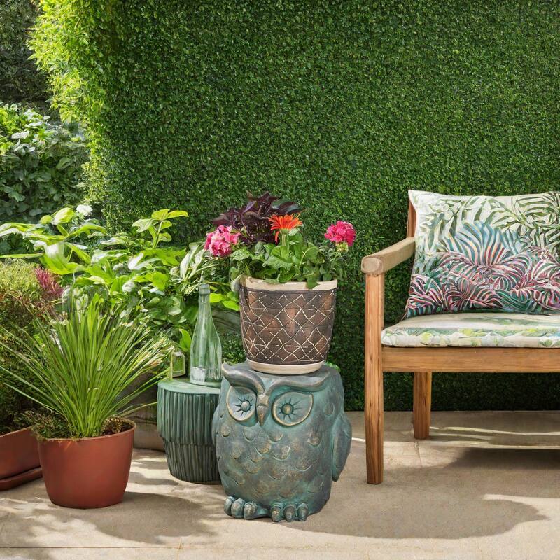 Roomfitters Owl Garden Stool, Weather-Resistant Lightweight Concrete Decorative Accent Table, Antique Green
