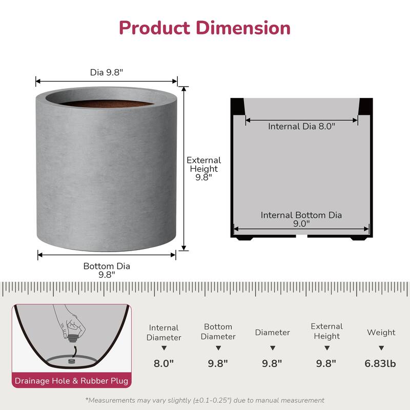 Concrete Tall Round Pot Cylindrical Flower Planter with Drainage Hole