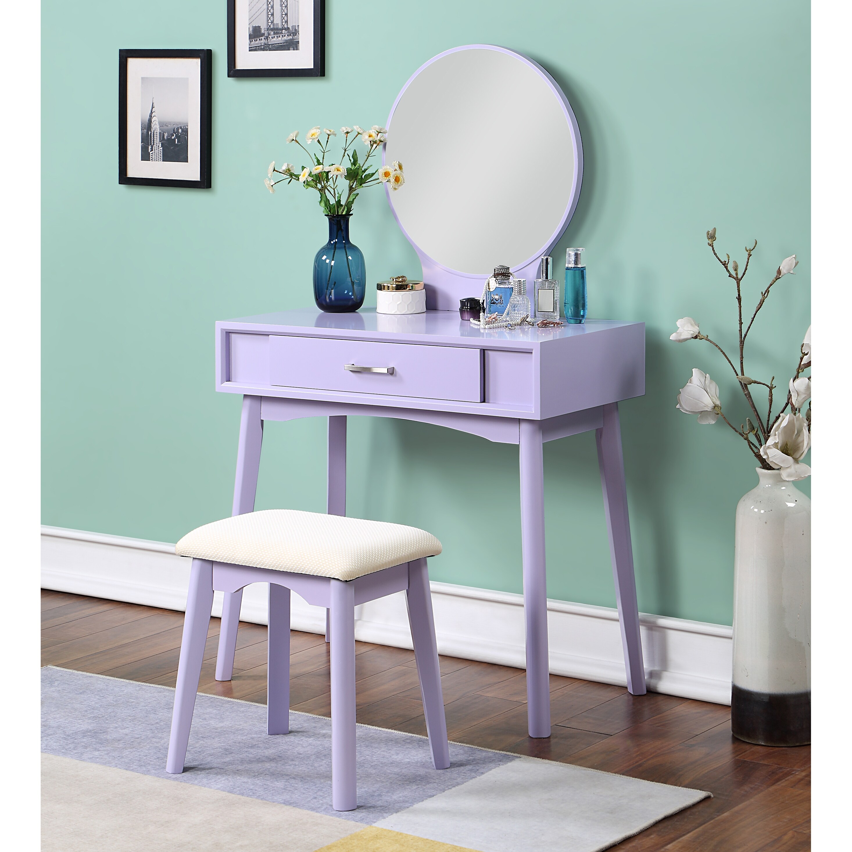 Roundhill furniture roundhill moniya wood vanity table and stool set 2025