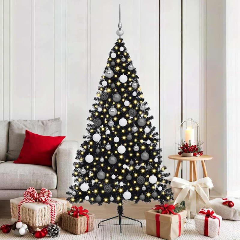 vidaXL Christmas Tree with Decorative String Lights - Black with LEDs and white/grey balls - 6 Foot