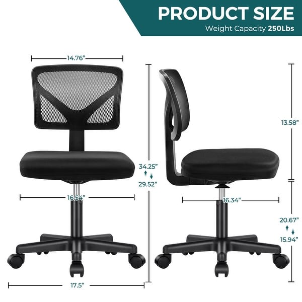 dimension image slide 3 of 4, Armless Home Office Chair, Ergonomic Low-Back Mesh Rolling Work Swivel Chairs, Adjustable Task Chair with Lumbar Support - N/A