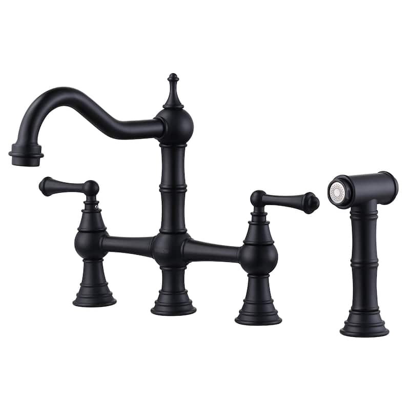 WOWOW Double Handle Bridge Kitchen Faucet with Side Sprayer - Black