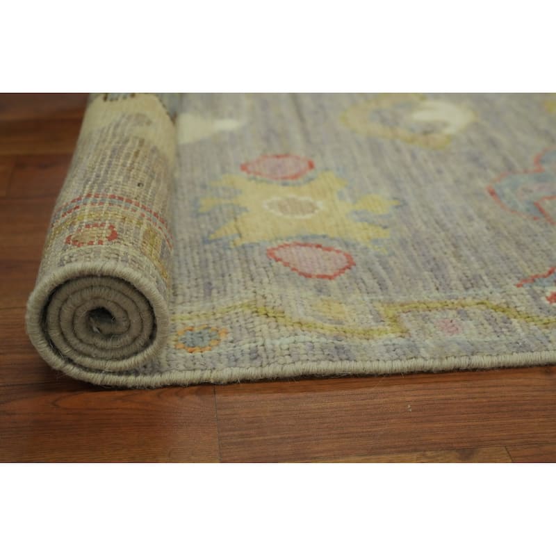 Vegetable Dye Gray Oushak Turkish Runner Rug, Floral Geometric Carpet - 9' 11'' X 2' 7''