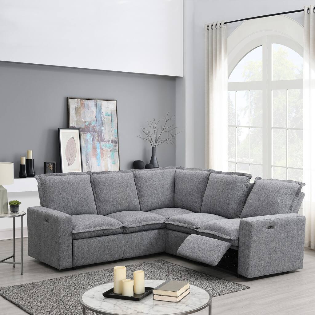 Grey 89.76'' L-Shaped 5-Seater Sectional Sofa with Power Recliner Chair, USB Charging, and Plush Home Theater Comfort