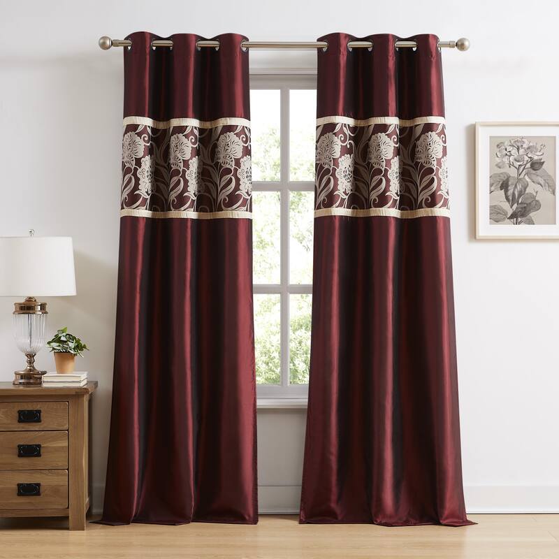 Nanshing Brie Set of 2 Floral Jacquard Grommet Curtains - 37" X 84" - Red Gold