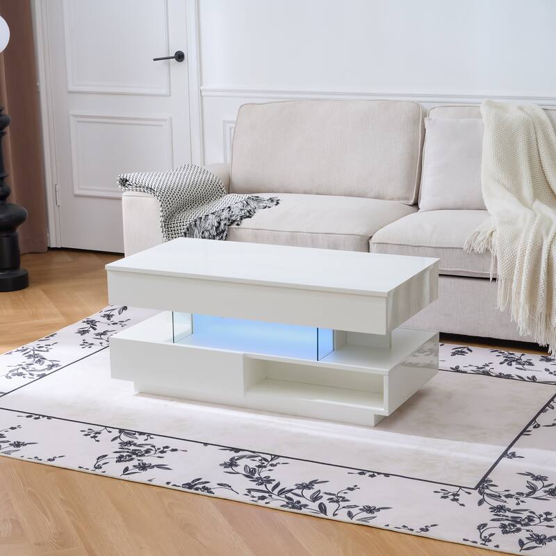 Modern Multifunction Center Table Lift Top Coffee Table with Hidden Compartment, Ajustable LED Lights and 2 Storage Drawers - White