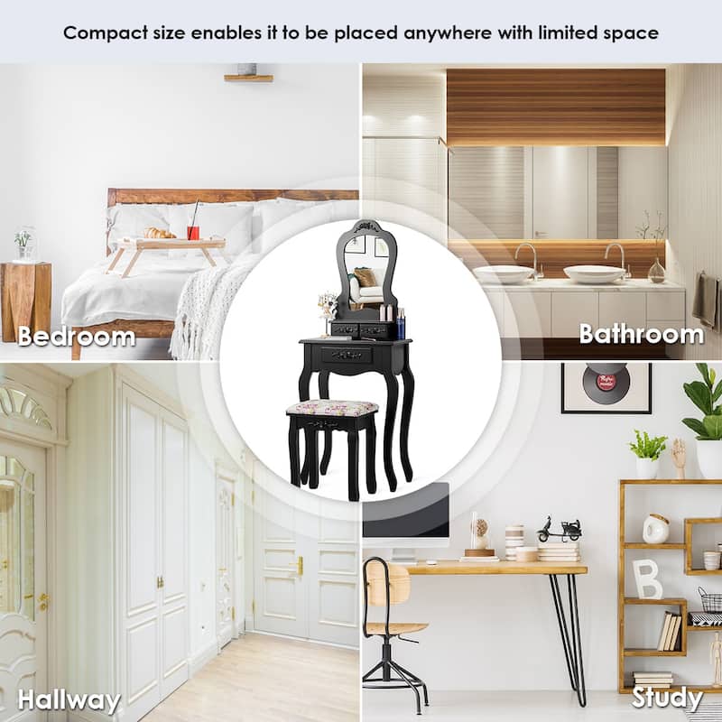 Costway Vanity Wood Makeup Dressing Table Stool Jewelry Desk Black