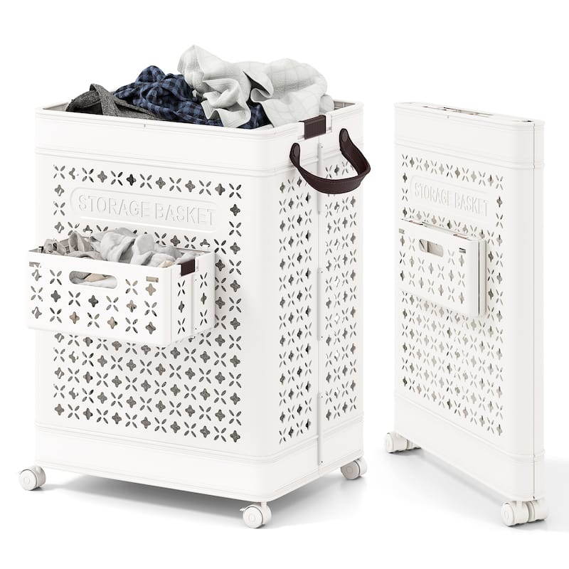 White 20 Gallon Large Capacity Foldable Laundry Clothes Basket with Wheels and Small Hanging Bin - 17" x 13.5" x 24"